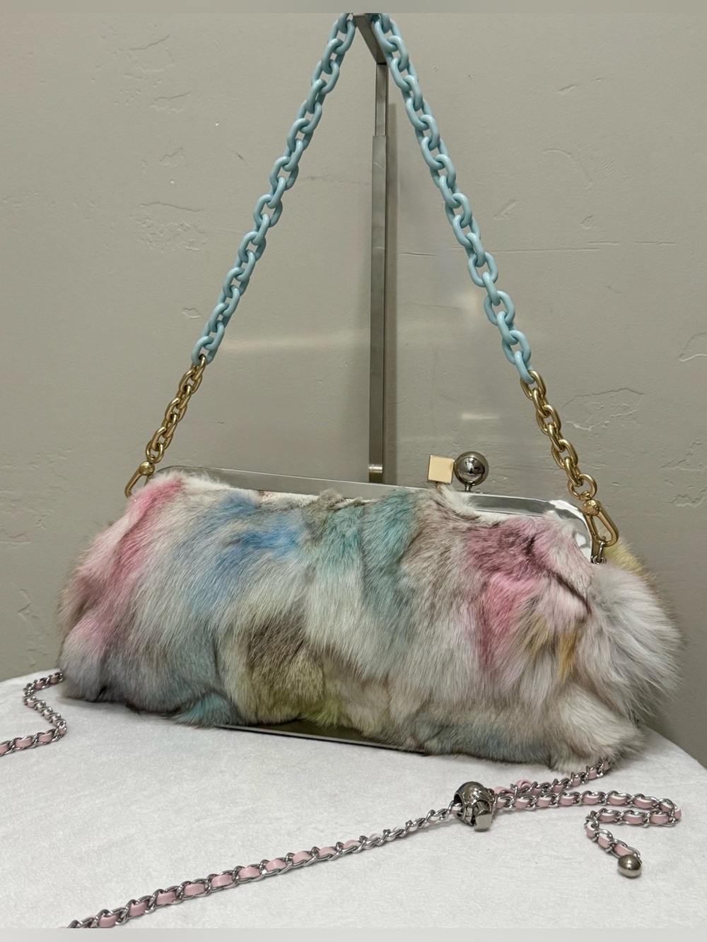 Pastel Multicolor Real Fox Fur Handmade Kisslock Clutch, Silver & Gold Frame Bag